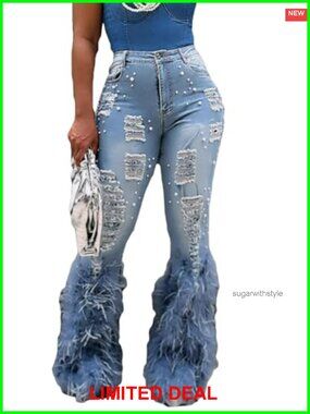 Women's Pearl Ripped High Waisted Feather Hem Bell Bottom Jeans